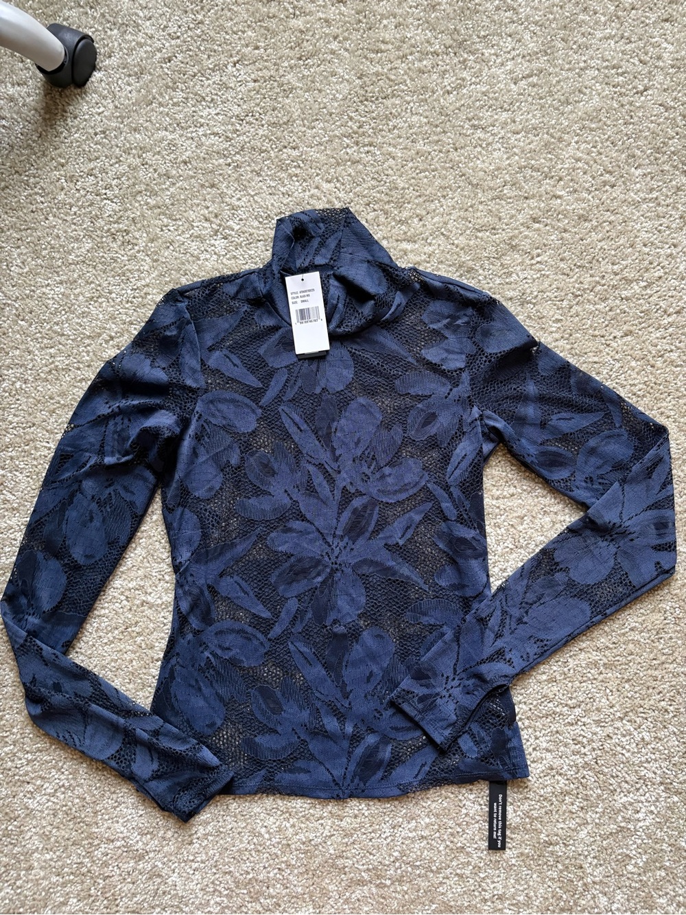 Women's Navy Floral Lace Mock Neck Top